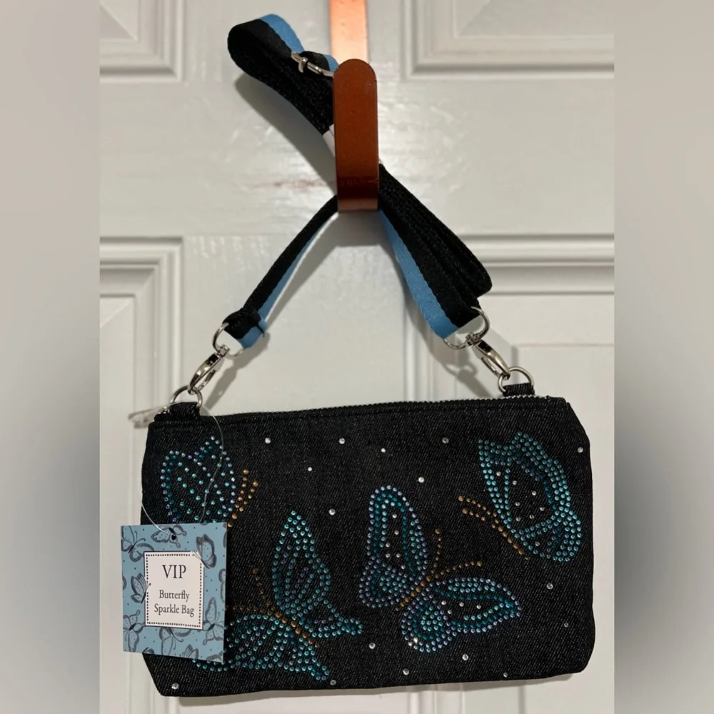 BRIGHTON VIP Sparkle Butterfly Bag Denim Crossbody Stripe Strap NWT - Picture 5 of 12